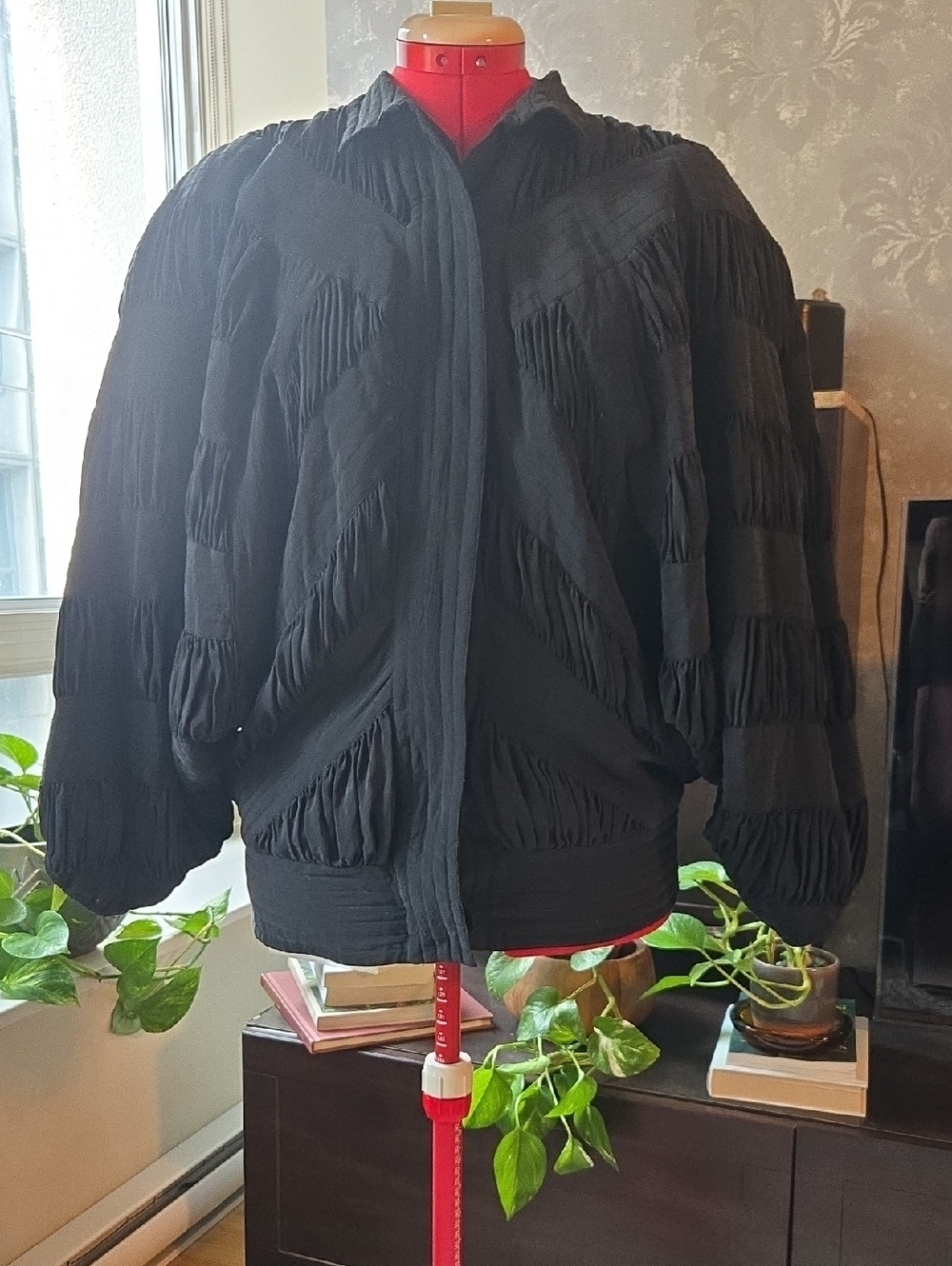 Vintage Silk Black Textured Puff-Sleeve Bomber Jacket